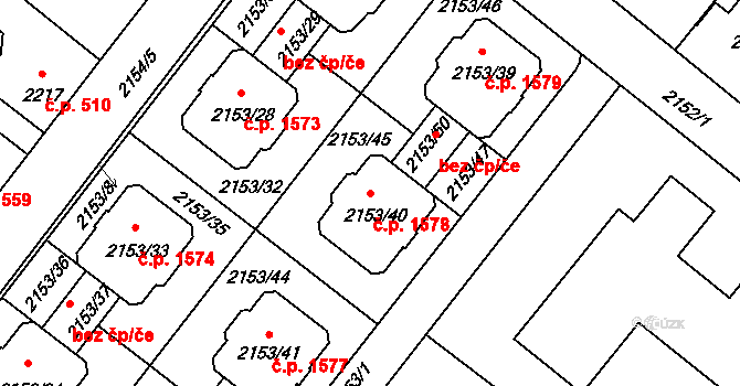 Úvaly 1578 na parcele st. 2153/40 v KÚ Úvaly u Prahy, Katastrální mapa