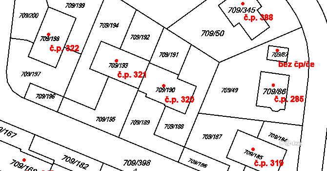 Popůvky 320 na parcele st. 709/190 v KÚ Popůvky u Brna, Katastrální mapa