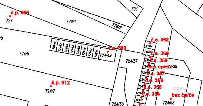 Bučovice 560 na parcele st. 724/49 v KÚ Bučovice, Katastrální mapa
