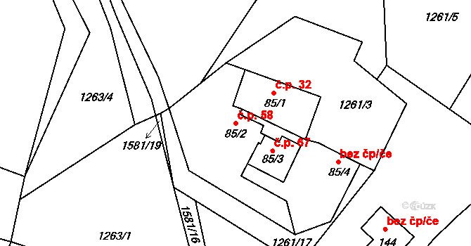 Veselíčko 58, Žďár nad Sázavou na parcele st. 85/2 v KÚ Veselíčko u Žďáru nad Sázavou, Katastrální mapa