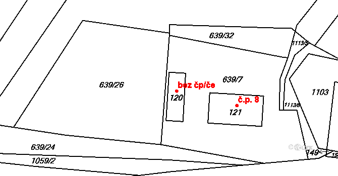 Erpužice 38279860 na parcele st. 120 v KÚ Erpužice, Katastrální mapa