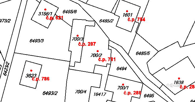 Huslenky 781 na parcele st. 700/2 v KÚ Huslenky, Katastrální mapa