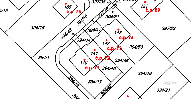 Staročernsko 72, Pardubice na parcele st. 141 v KÚ Staročernsko, Katastrální mapa