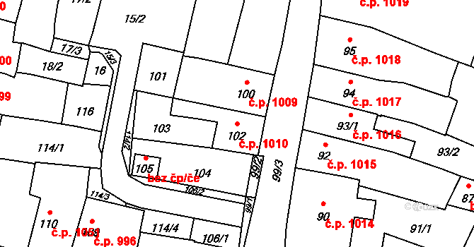 Mohelnice 1010 na parcele st. 102 v KÚ Mohelnice, Katastrální mapa
