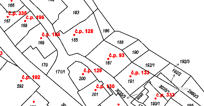 Štramberk 93 na parcele st. 187 v KÚ Štramberk, Katastrální mapa