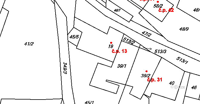 Útěchovičky 13 na parcele st. 19 v KÚ Útěchovičky, Katastrální mapa
