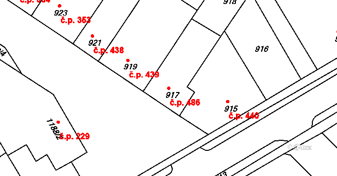 Hrušky 486 na parcele st. 917 v KÚ Hrušky, Katastrální mapa