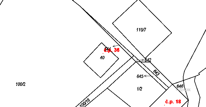 Levín 36, Olešnice na parcele st. 40 v KÚ Levín nad Cidlinou, Katastrální mapa