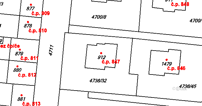 Hrušovany nad Jevišovkou 847 na parcele st. 912 v KÚ Hrušovany nad Jevišovkou, Katastrální mapa