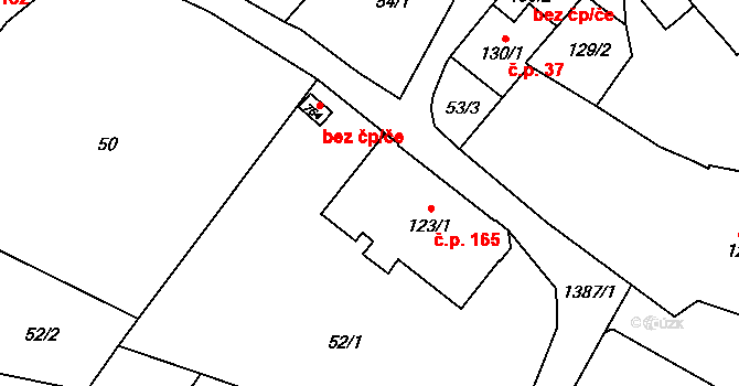 Vranov nad Dyjí 165 na parcele st. 123/1 v KÚ Vranov nad Dyjí, Katastrální mapa