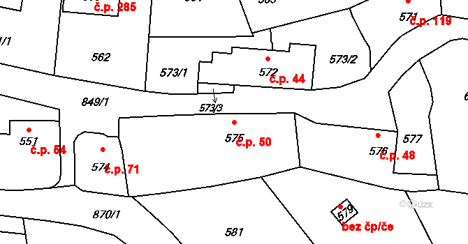Černé Budy 50, Sázava na parcele st. 575 v KÚ Černé Budy, Katastrální mapa