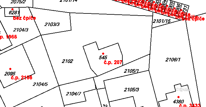 Jablonec nad Nisou 207 na parcele st. 545 v KÚ Jablonec nad Nisou, Katastrální mapa