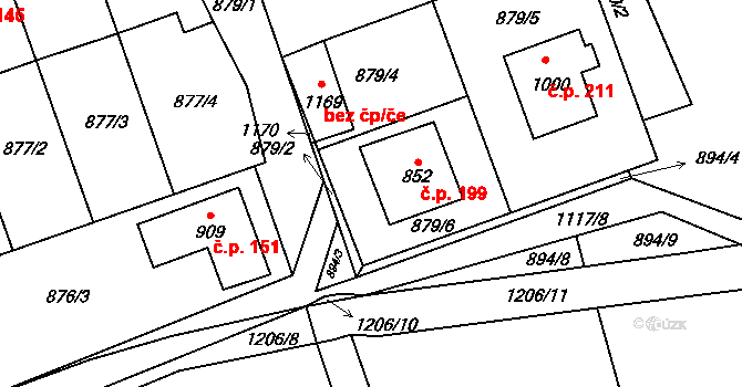 Olšany 199, Brandýsek na parcele st. 852 v KÚ Brandýsek, Katastrální mapa