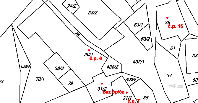 Tuhanec 6, Tuhaň na parcele st. 36/1 v KÚ Tuhanec, Katastrální mapa