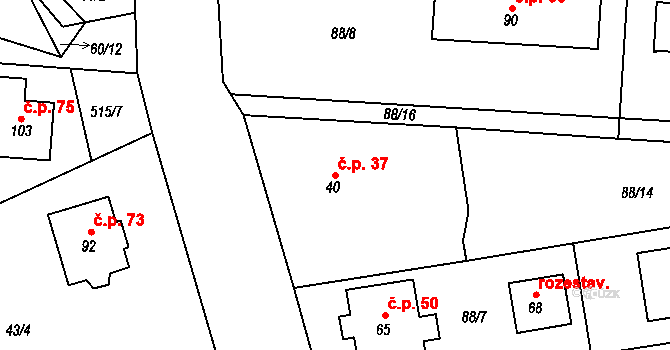 Třebosice 37 na parcele st. 40 v KÚ Třebosice, Katastrální mapa