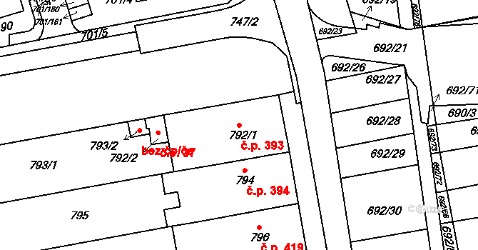 Hrušovany u Brna 393 na parcele st. 792/1 v KÚ Hrušovany u Brna, Katastrální mapa
