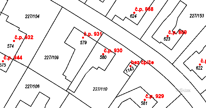 Švermov 930, Kladno na parcele st. 580 v KÚ Hnidousy, Katastrální mapa
