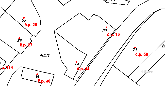 Horní Stakory 16, Kosmonosy na parcele st. 20 v KÚ Horní Stakory, Katastrální mapa