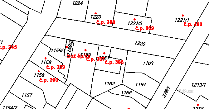 Kosmonosy 386 na parcele st. 1161 v KÚ Kosmonosy, Katastrální mapa