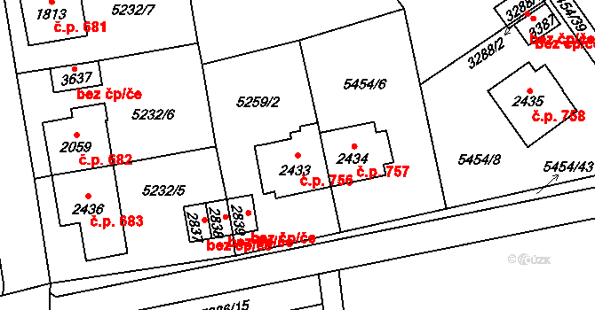 Horní Předměstí 756, Polička na parcele st. 2433 v KÚ Polička, Katastrální mapa