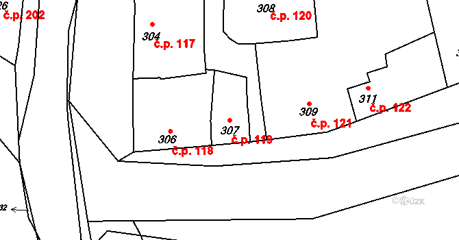 Drahlov 119, Charváty na parcele st. 307 v KÚ Charváty, Katastrální mapa