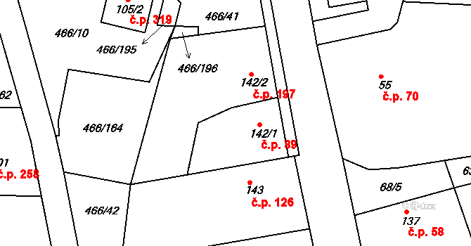 Broumy 89 na parcele st. 142/1 v KÚ Broumy, Katastrální mapa