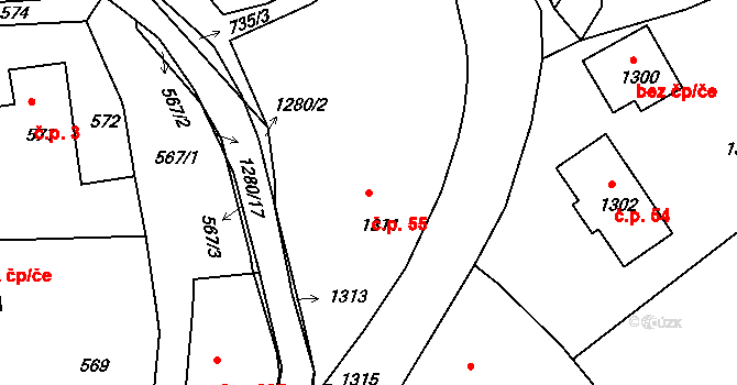 Volfartice 55 na parcele st. 1311 v KÚ Volfartice, Katastrální mapa