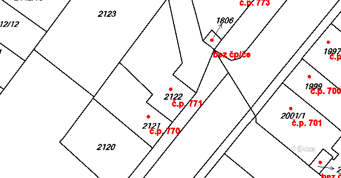 Roudnice nad Labem 771 na parcele st. 2122 v KÚ Roudnice nad Labem, Katastrální mapa