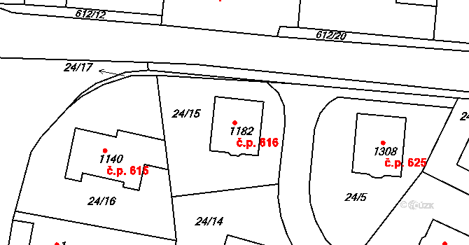 Rosice 616, Pardubice na parcele st. 1182 v KÚ Rosice nad Labem, Katastrální mapa