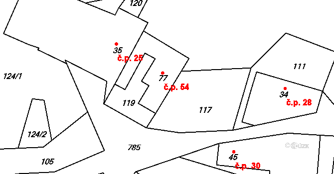 Chlum 54, Hořice na parcele st. 77 v KÚ Chlum u Hořic, Katastrální mapa
