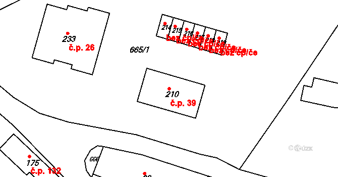 Písečná 39 na parcele st. 210 v KÚ Písečná u Žamberka, Katastrální mapa
