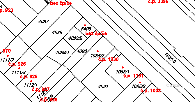 Břeclav 1230 na parcele st. 1086/2 v KÚ Břeclav, Katastrální mapa