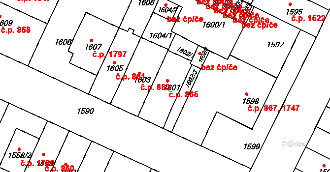 Černá Pole 865, Brno na parcele st. 1601 v KÚ Černá Pole, Katastrální mapa