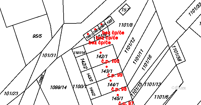 Budíkov 100 na parcele st. 142/1 v KÚ Budíkov, Katastrální mapa