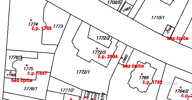 Teplice 2604 na parcele st. 1772/3 v KÚ Teplice, Katastrální mapa