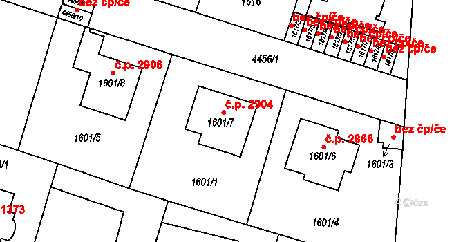 Teplice 2904 na parcele st. 1601/7 v KÚ Teplice, Katastrální mapa