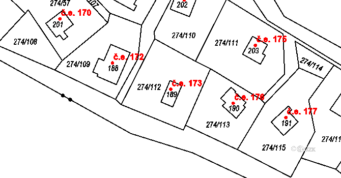Skalka 173, Cheb na parcele st. 189 v KÚ Skalka u Chebu, Katastrální mapa