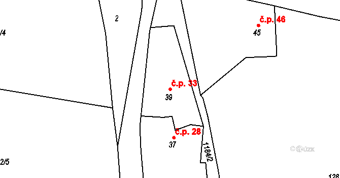 Loužná 33, Myslív na parcele st. 39 v KÚ Loužná, Katastrální mapa