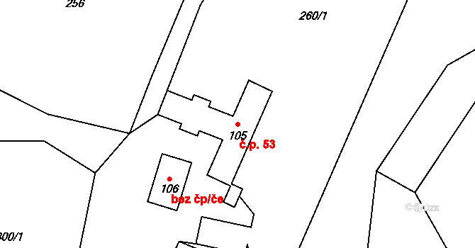 Ústí 53 na parcele st. 105 v KÚ Ústí u Vsetína, Katastrální mapa