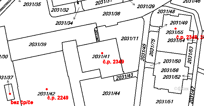 Horní Počernice 2349, Praha na parcele st. 2031/41 v KÚ Horní Počernice, Katastrální mapa