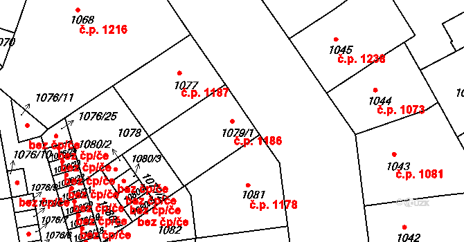 Žižkov 1186, Praha na parcele st. 1079/1 v KÚ Žižkov, Katastrální mapa