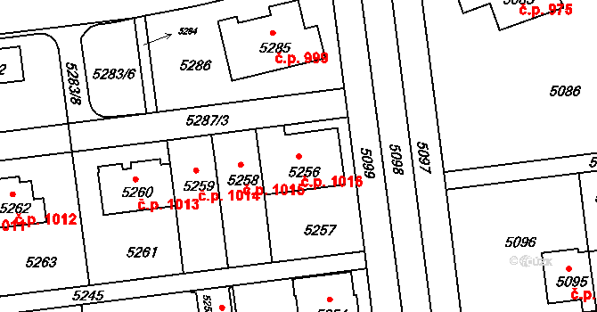 Záběhlice 1016, Praha na parcele st. 5256 v KÚ Záběhlice, Katastrální mapa