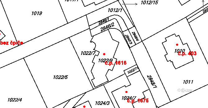 Braník 1616, Praha na parcele st. 1022/9 v KÚ Braník, Katastrální mapa