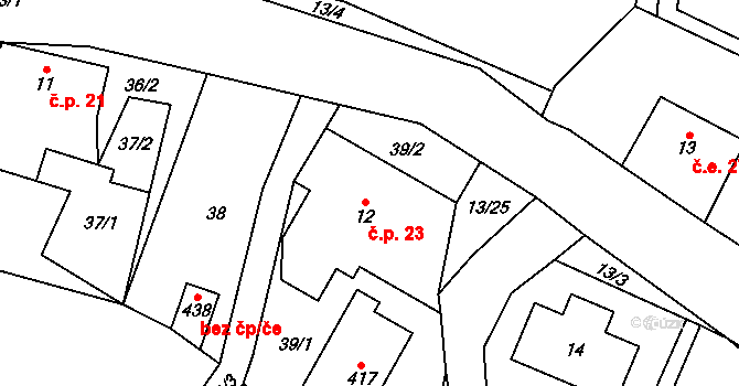 Horní Brusnice 23 na parcele st. 12 v KÚ Horní Brusnice, Katastrální mapa