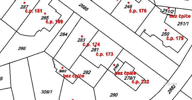 Kyje 173, Praha na parcele st. 281 v KÚ Kyje, Katastrální mapa