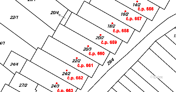 Mikulčice 660 na parcele st. 20/3 v KÚ Mikulčice, Katastrální mapa