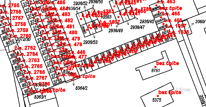 Hodonín 474 na parcele st. 2936/27 v KÚ Hodonín, Katastrální mapa