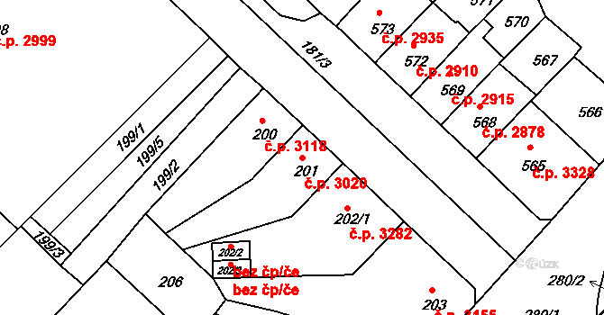 Chomutov 3020 na parcele st. 201 v KÚ Chomutov II, Katastrální mapa