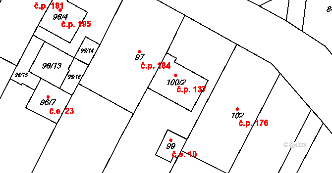 Kovalovice 137 na parcele st. 100/2 v KÚ Kovalovice, Katastrální mapa