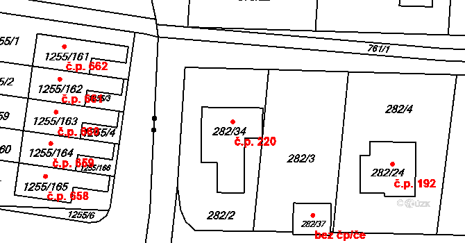 Červený Hrádek 220, Plzeň na parcele st. 282/34 v KÚ Červený Hrádek u Plzně, Katastrální mapa